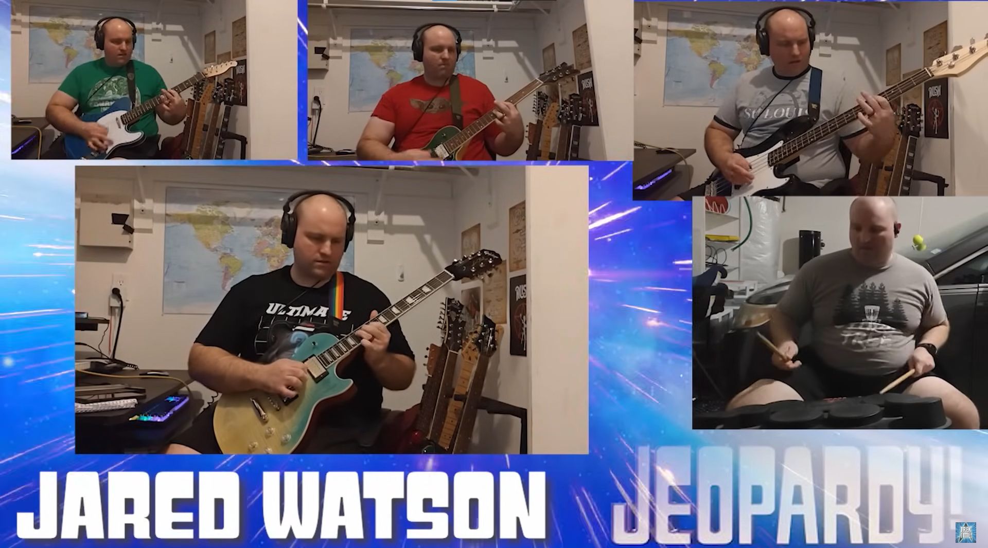 Jared Watson playing multiple instruments in a video collage, including electric guitar, bass guitar, and drums, with his name 'Jared Watson' and 'Jeopardy' displayed at the bottom.