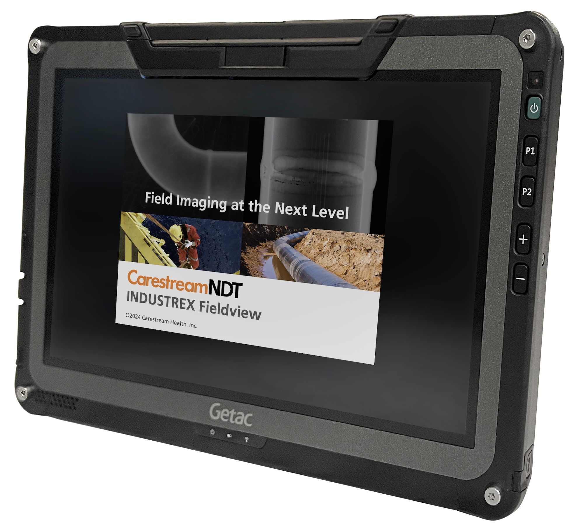 Rugged Getac tablet displaying Carestream NDT Industrex Fieldview software, featuring industrial imaging content.