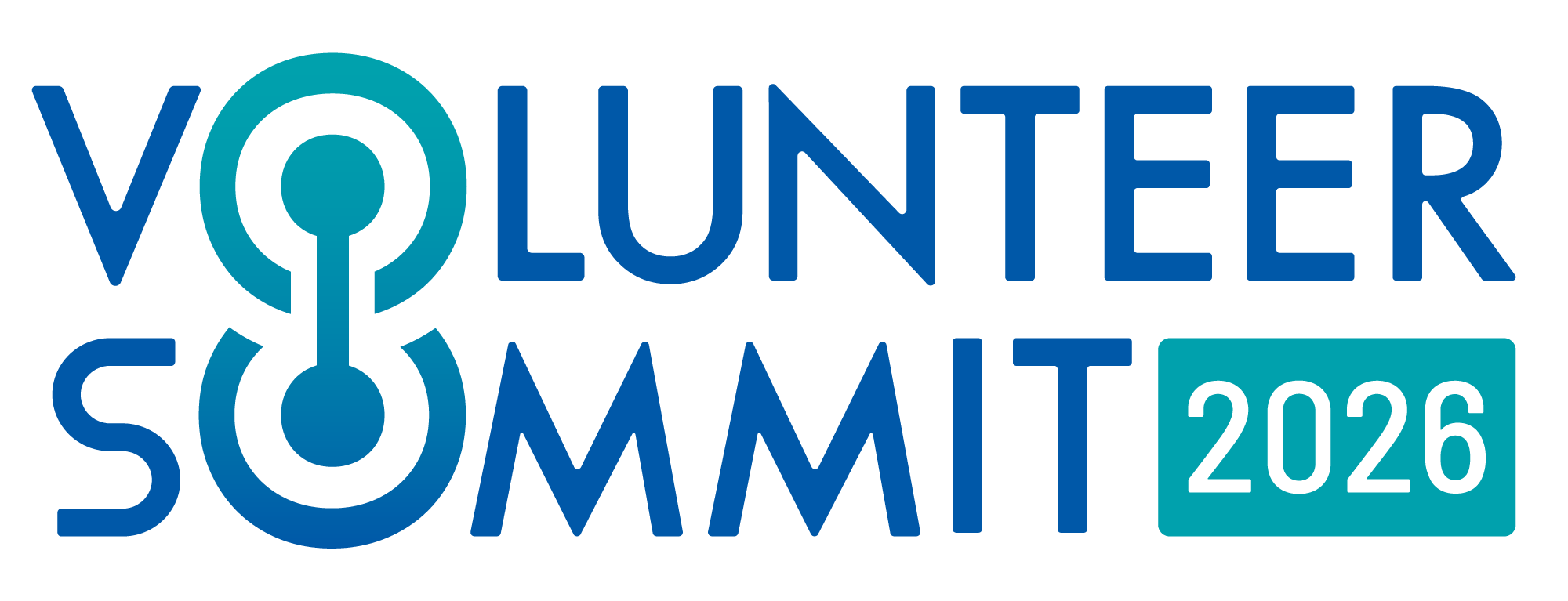 Logo for the Volunteer Summit 2026, featuring stylized text with teal and blue colors and a unique circular design element.