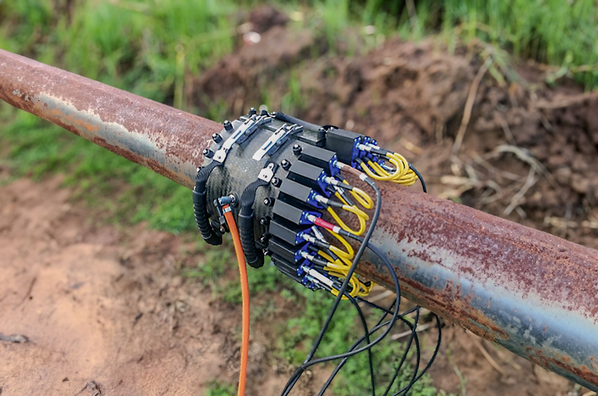 A rusty metal pipe with a guided wave transducer attached, surrounded by cables and connectors, set in an outdoor grassy area.