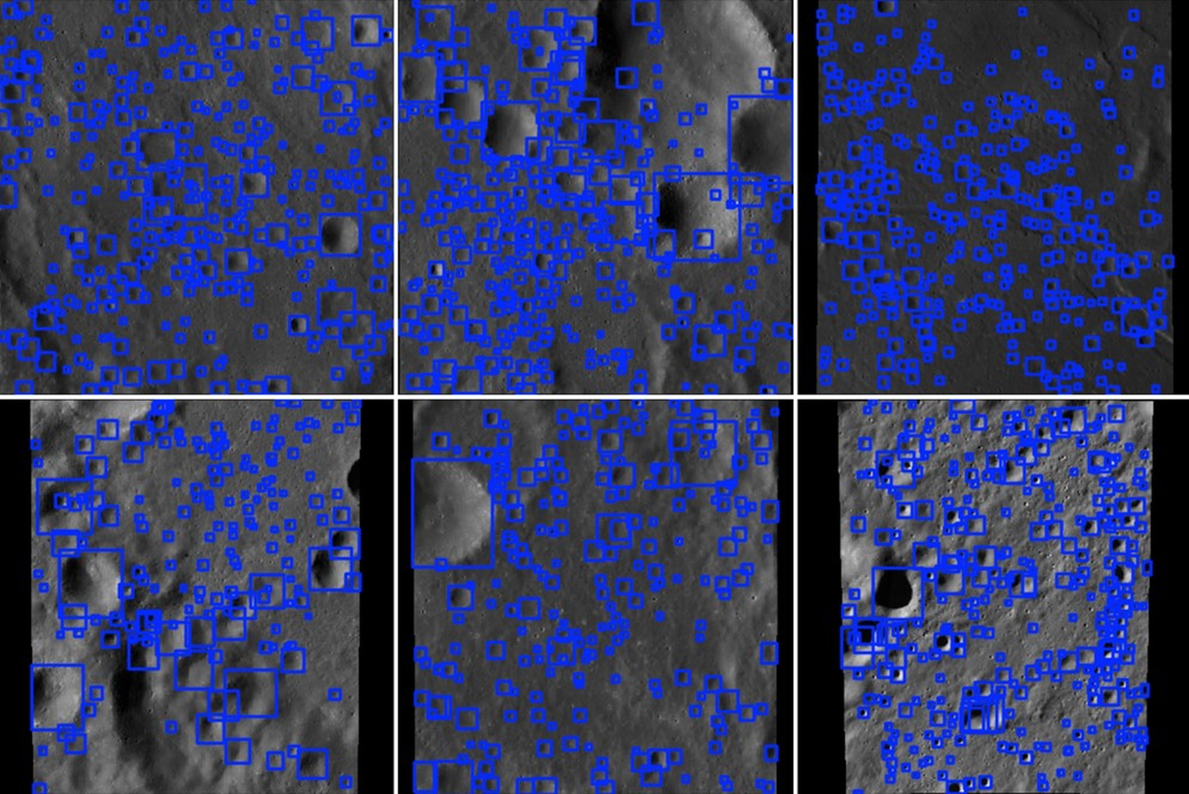 Grid of X-ray CT images of explosive-column defects with blue detection boxes marking segmented internal holes.