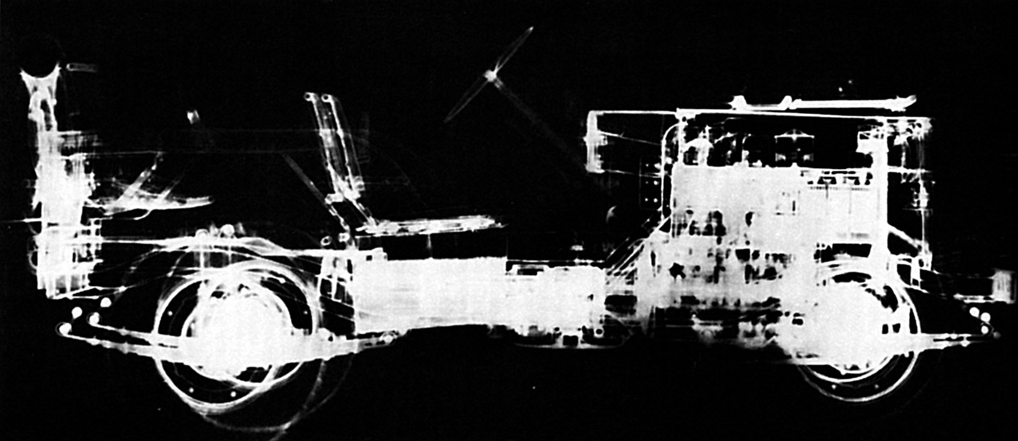 This radiograph of a jeep, made in the late 1940s by the Eastman Kodak Co., was at the time the world’s largest single radiograph ever produced in one exposure. It was displayed prominently at the 1946 ASM (American Society for Metals) Midwinter Convention in Cleveland as a demonstration of what industrial radiography could achieve.