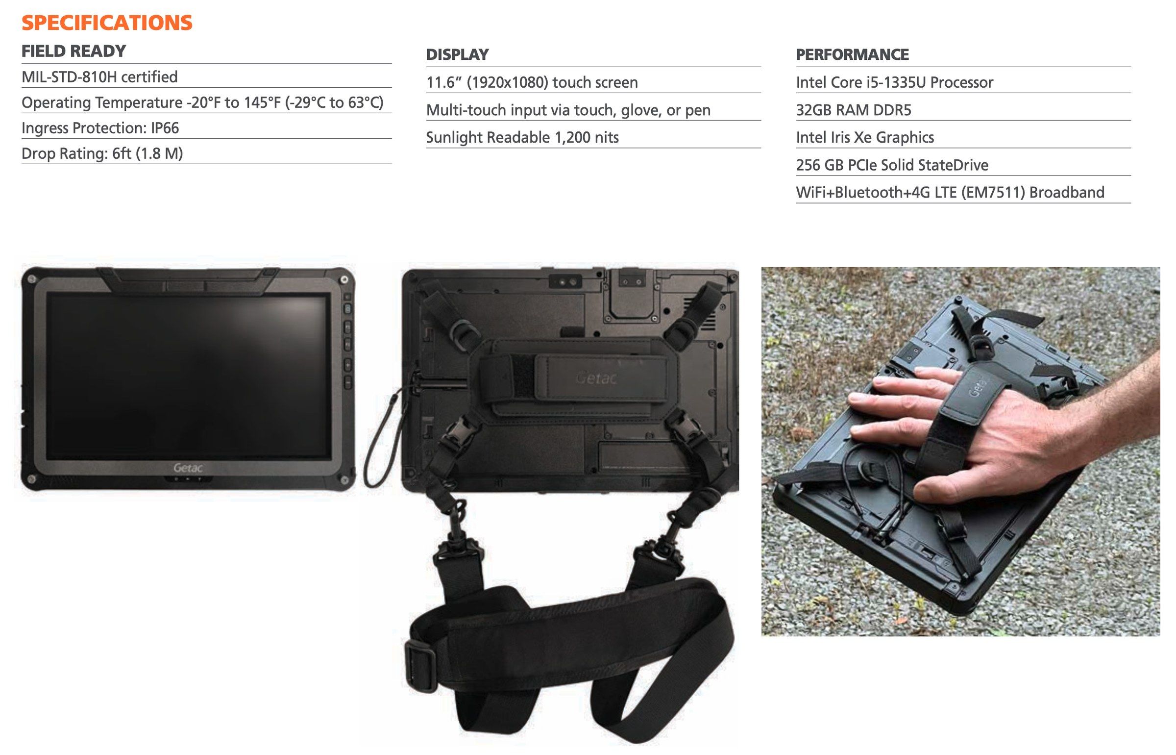 Specifications and photos of a rugged tablet for point-of-acquisition image validation