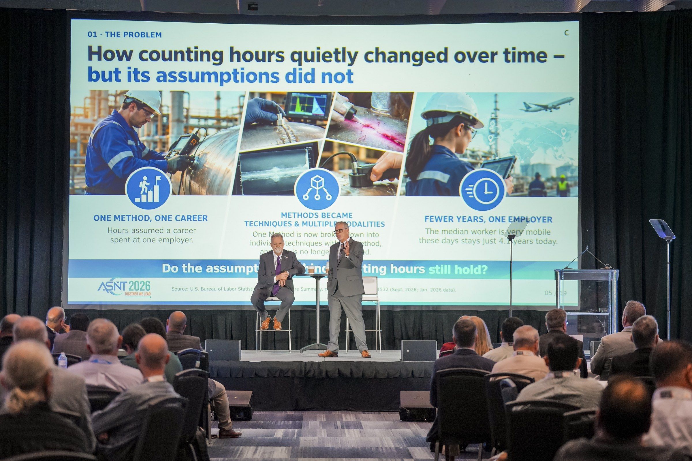 Paul Lang speaking onstage beside a seated Clyde May, in front of a slide on how counting hours changed over time, with the audience in the foreground