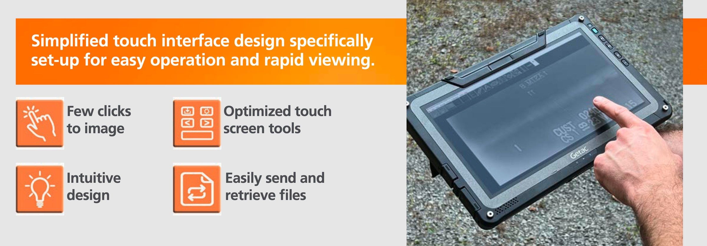 INDUSTREX Fieldview touch interface features shown next to a rugged tablet in use