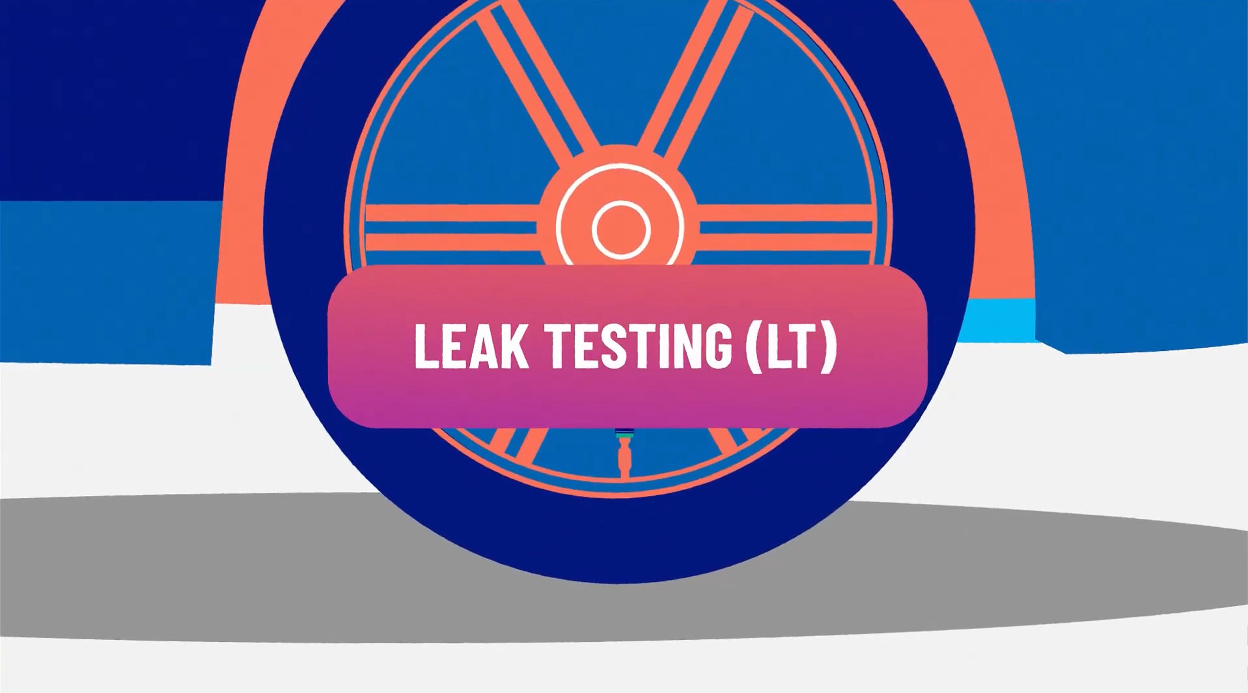 A colorful graphic featuring a wheel design with the text "Leak Testing (LT)" in the center on a pink and purple gradient banner.