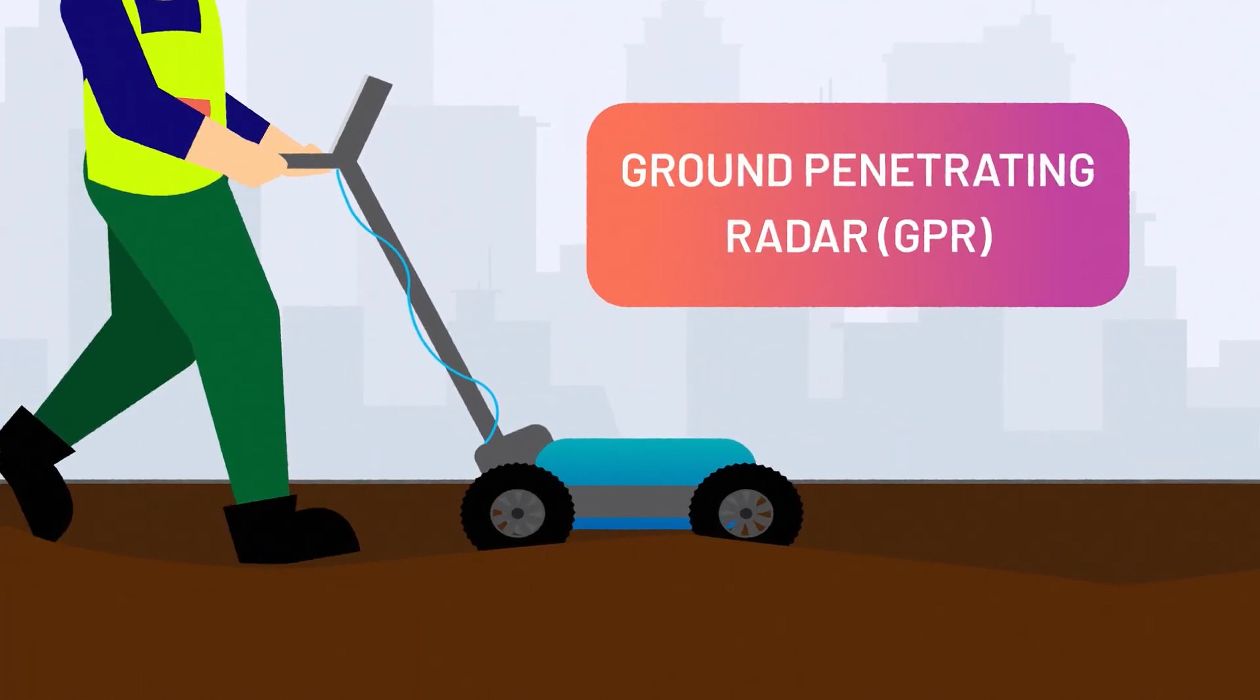 Illustration of a person using a ground penetrating radar (GPR) device, labeled in a gradient text bubble, against a cityscape background.