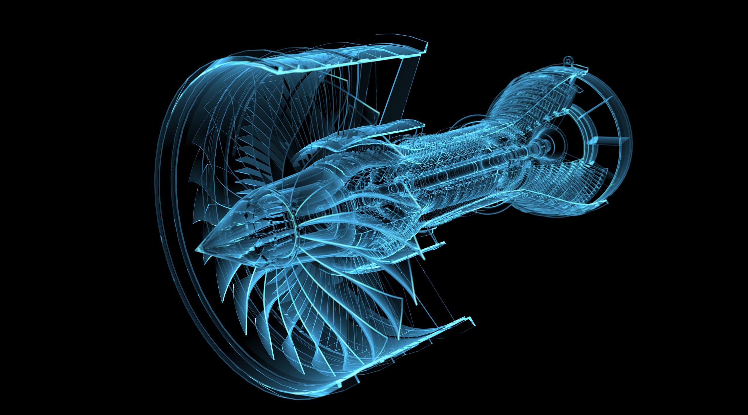 A digital, translucent blueprint of a jet engine on a black background, highlighting intricate mechanical details and components.