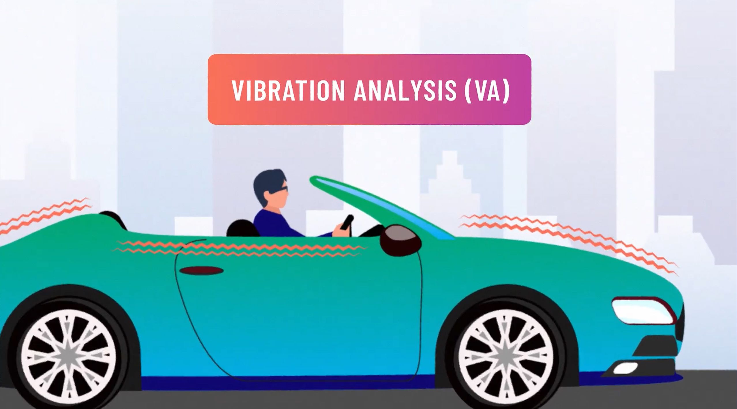 Illustration of a person driving a teal car with wavy lines indicating vibration. Text reads "Vibration Analysis (VA)."