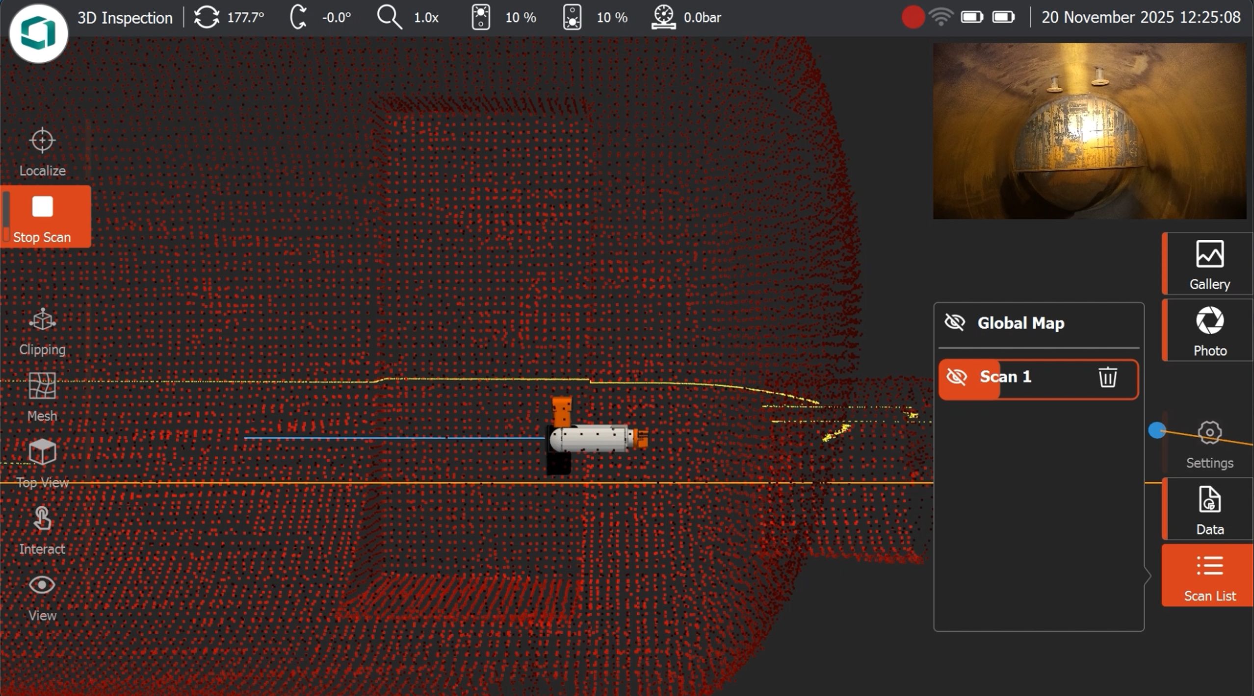 3D inspection software UI showing a cylindrical scan in progress, with settings and scan options on the right, and a photo of a tunnel above.