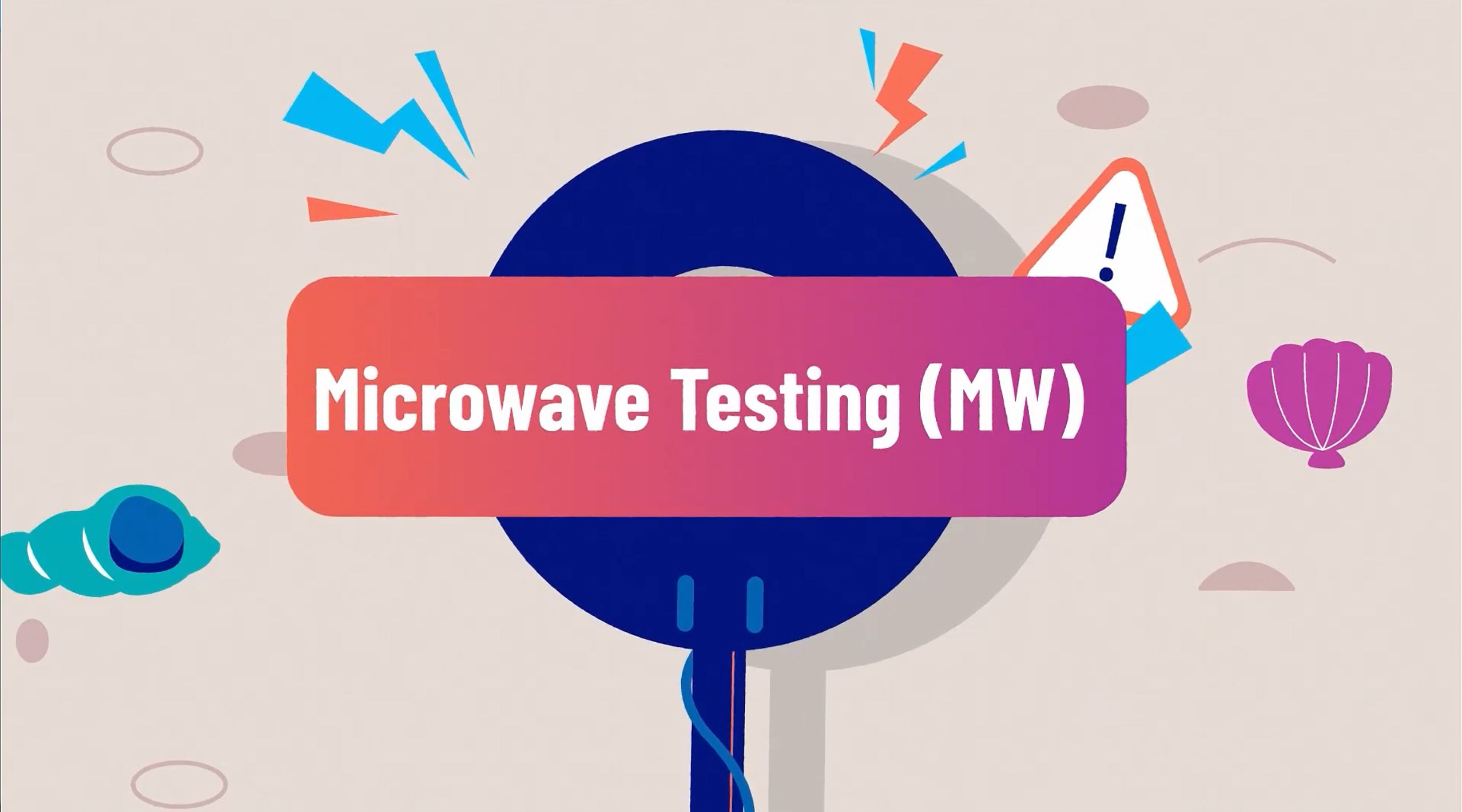 Illustration showing "Microwave Testing (MW)" on a background of a metal detector being run over sand, with abstract shapes like bolts and warning triangles.