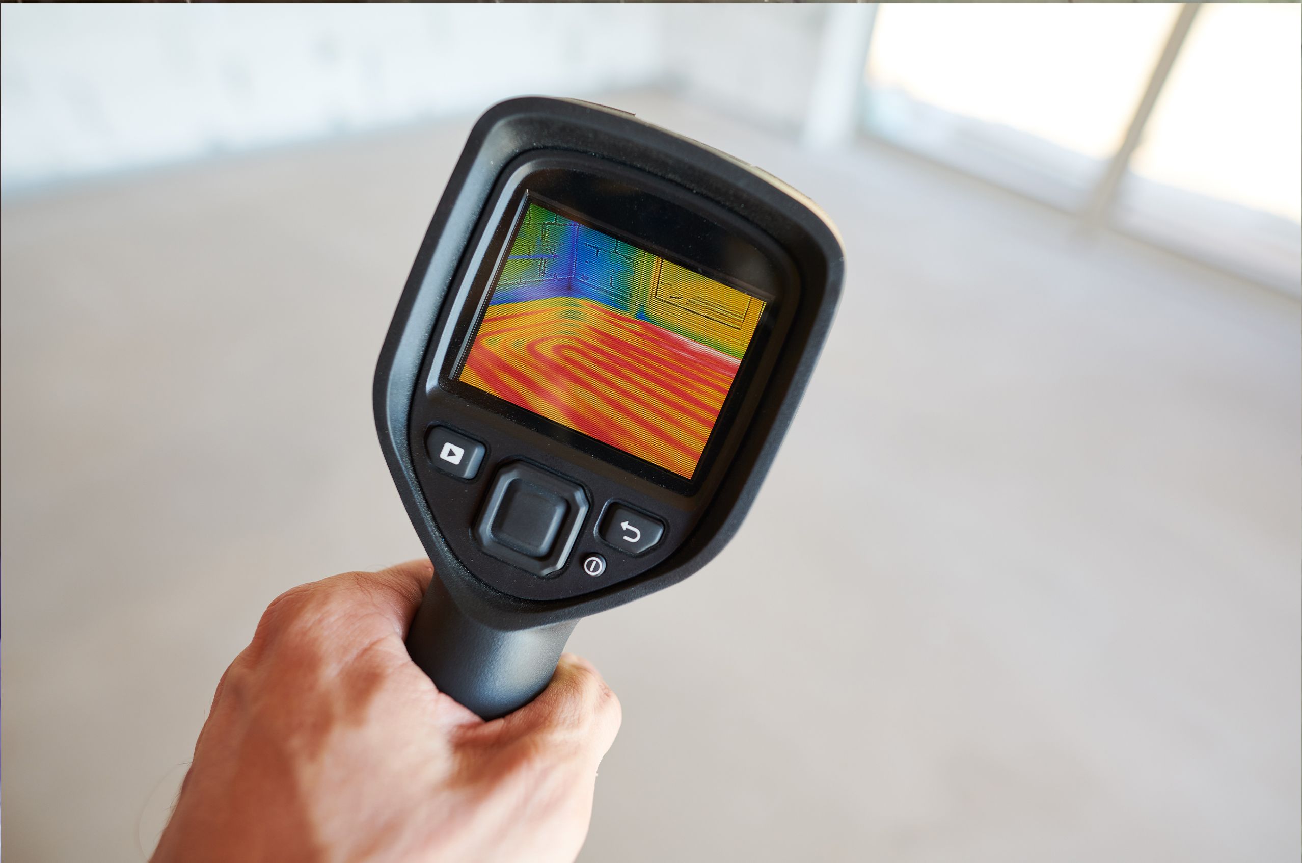 Hand holding a thermal camera displaying a heat map of a room, highlighting temperature variations on the screen.