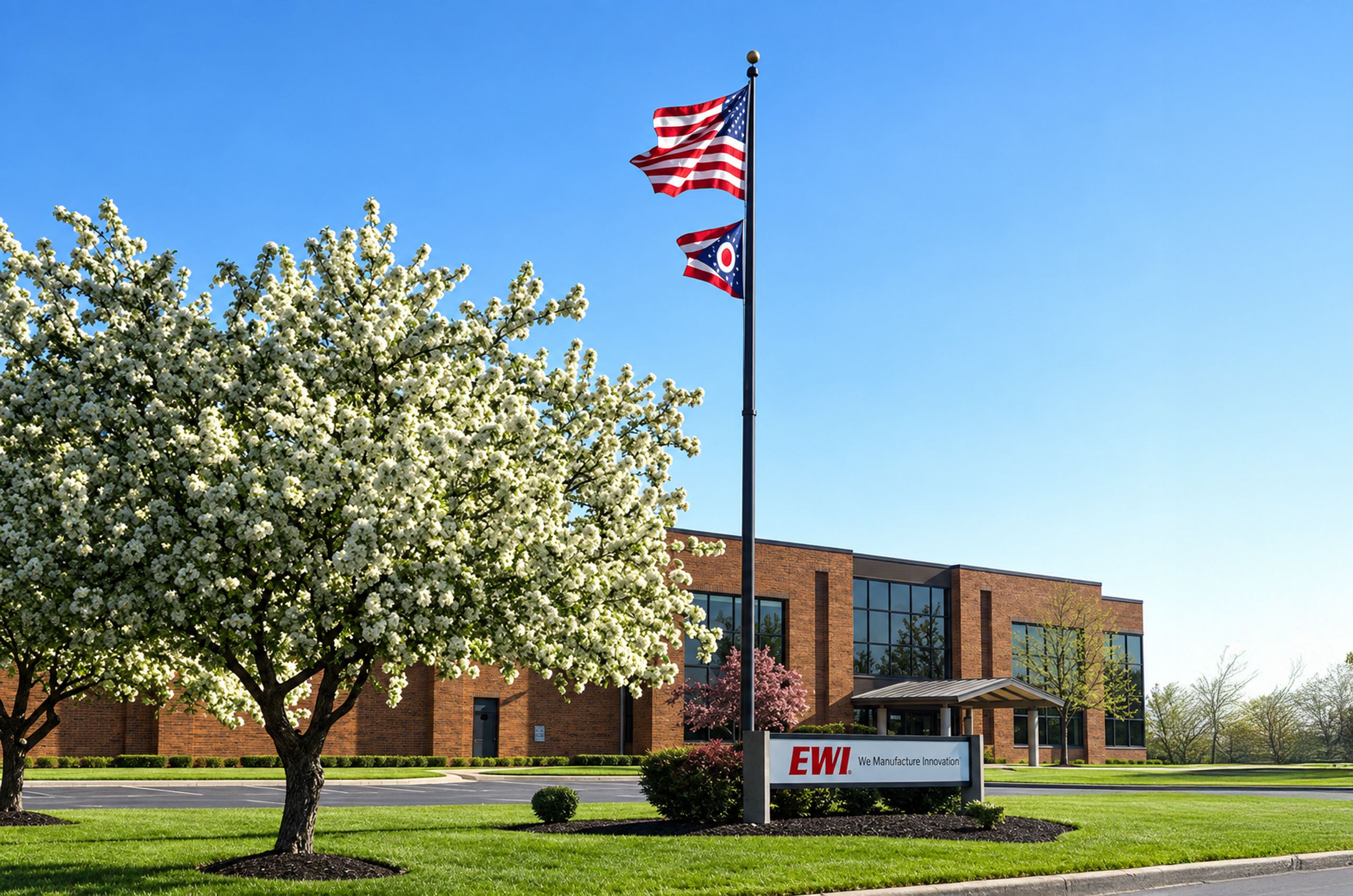 A brick building with large windows, an "EWI" sign, and blooming trees in front. US and Ohio flags fly on a pole under a clear blue sky.