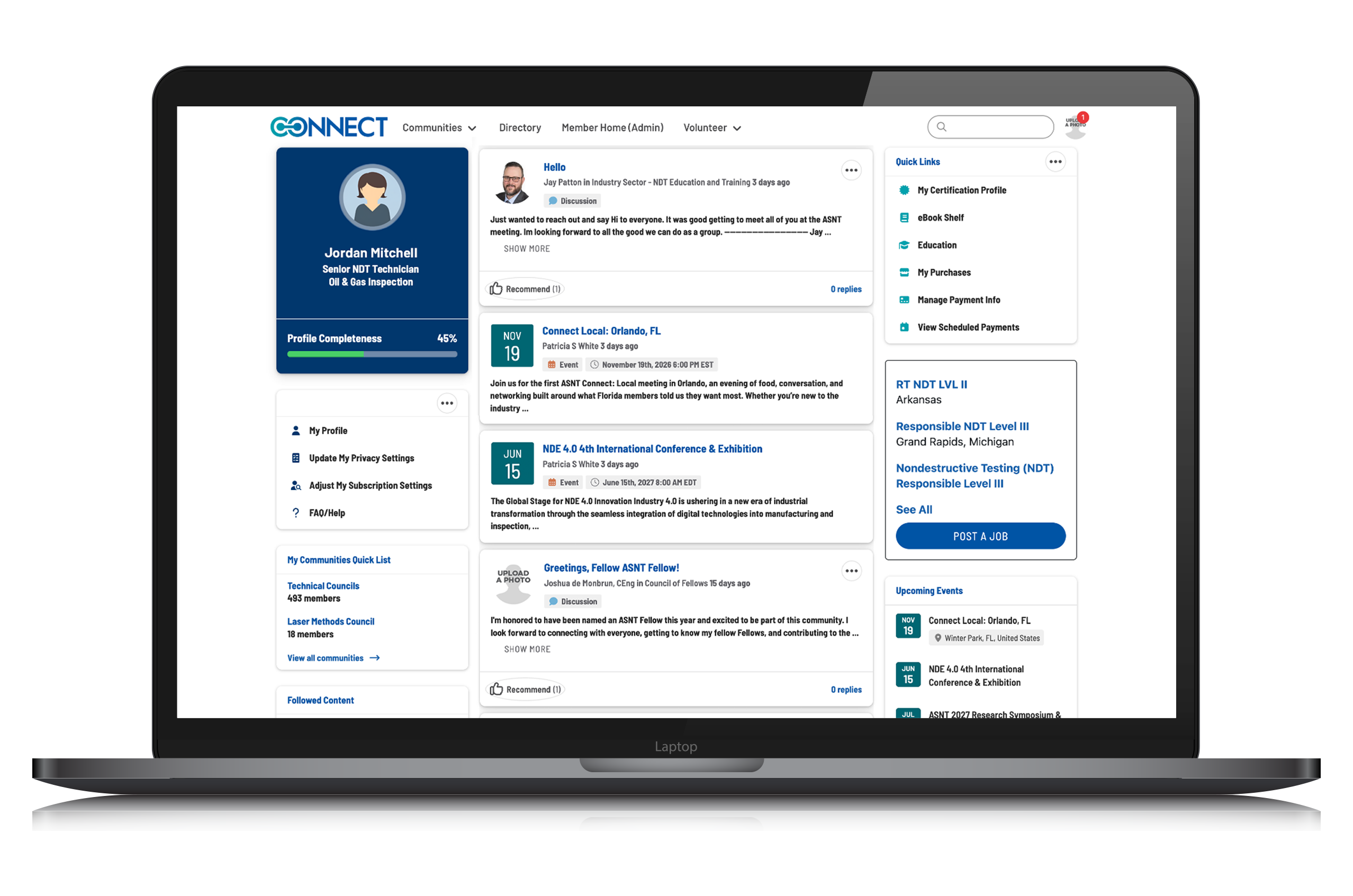 Laptop displaying a professional networking platform with profile, messages, events, and quick links. Profile completion shows 45%.
