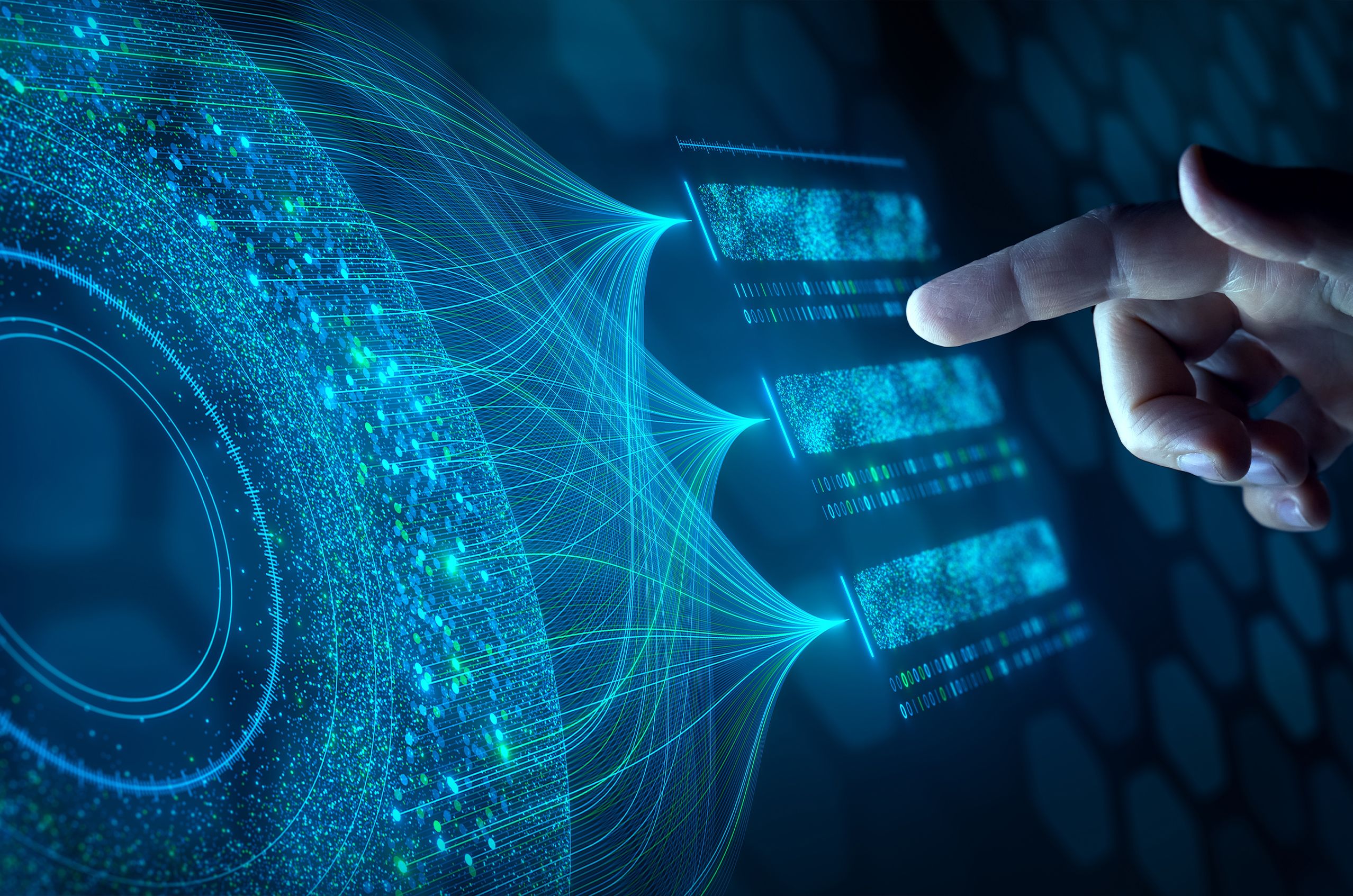 A hand interacts with a digital interface, featuring glowing blue neural network lines and data visualizations.