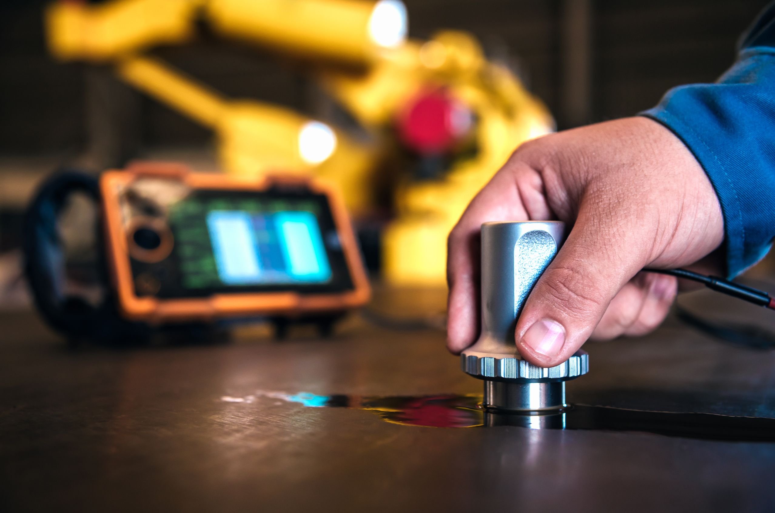 Hand using sensor to conduct nondestructive testing on a surface, a machine with a screen is in the background.