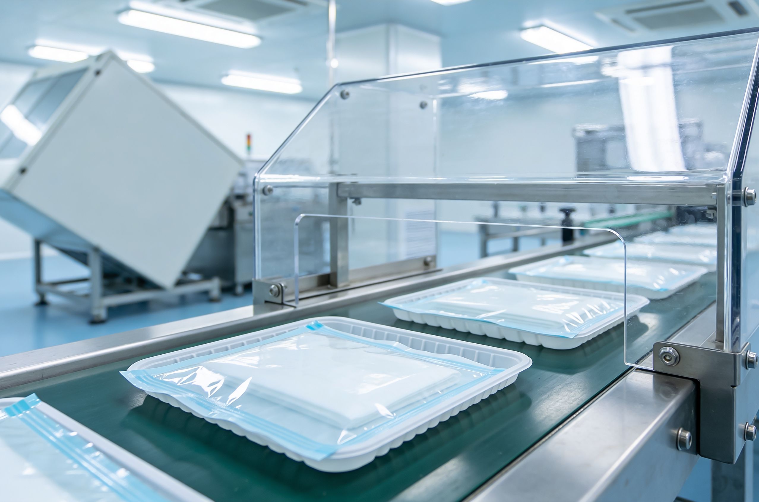 Sterile packages on a production line in a cleanroom environment, with machinery in the background.