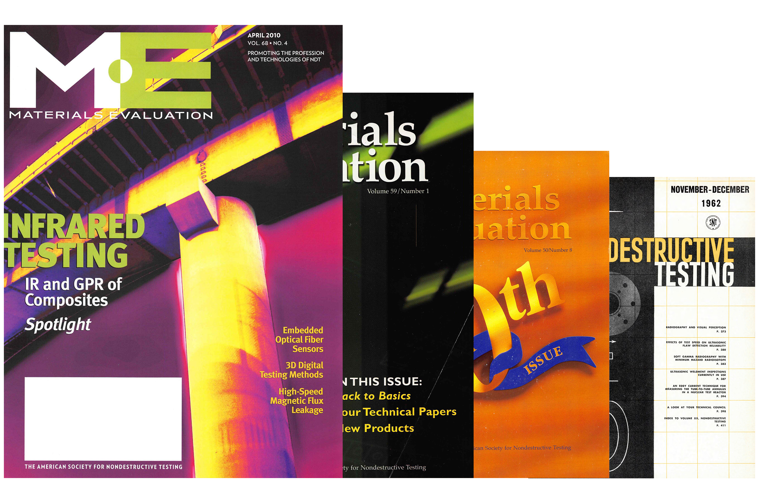 Four overlapping 'Materials Evaluation' magazine covers, colorful infrared-testing issue at left and vintage 'Nondestructive Testing' cover at right.
