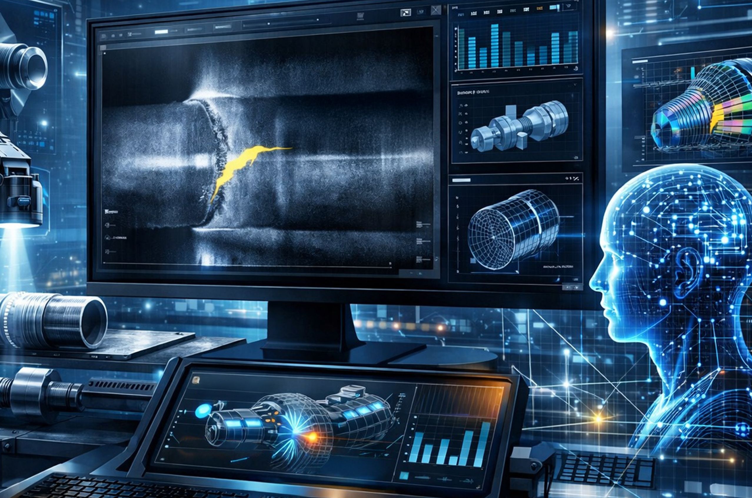 Futuristic lab scene with monitors displaying mechanical diagrams and a glowing AI figure analyzing a crack in pipe imagery.