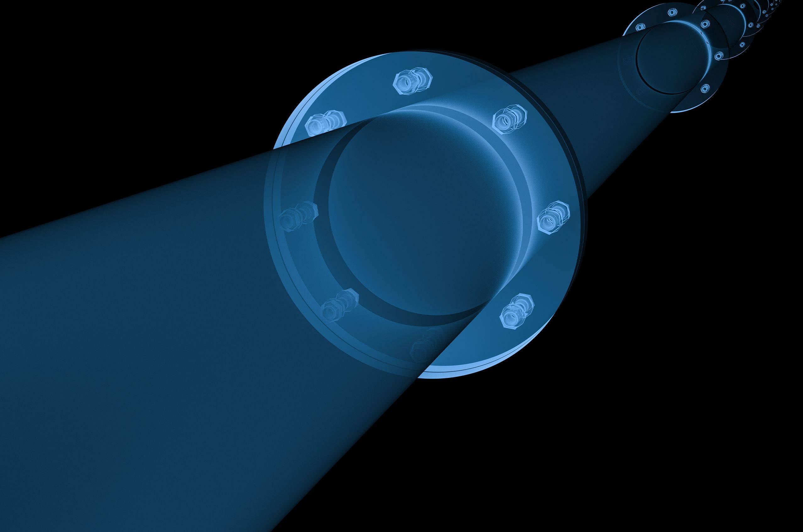 Blue translucent X-ray–style view of bolted steel pipe flanges and cylindrical sections extending into black background.