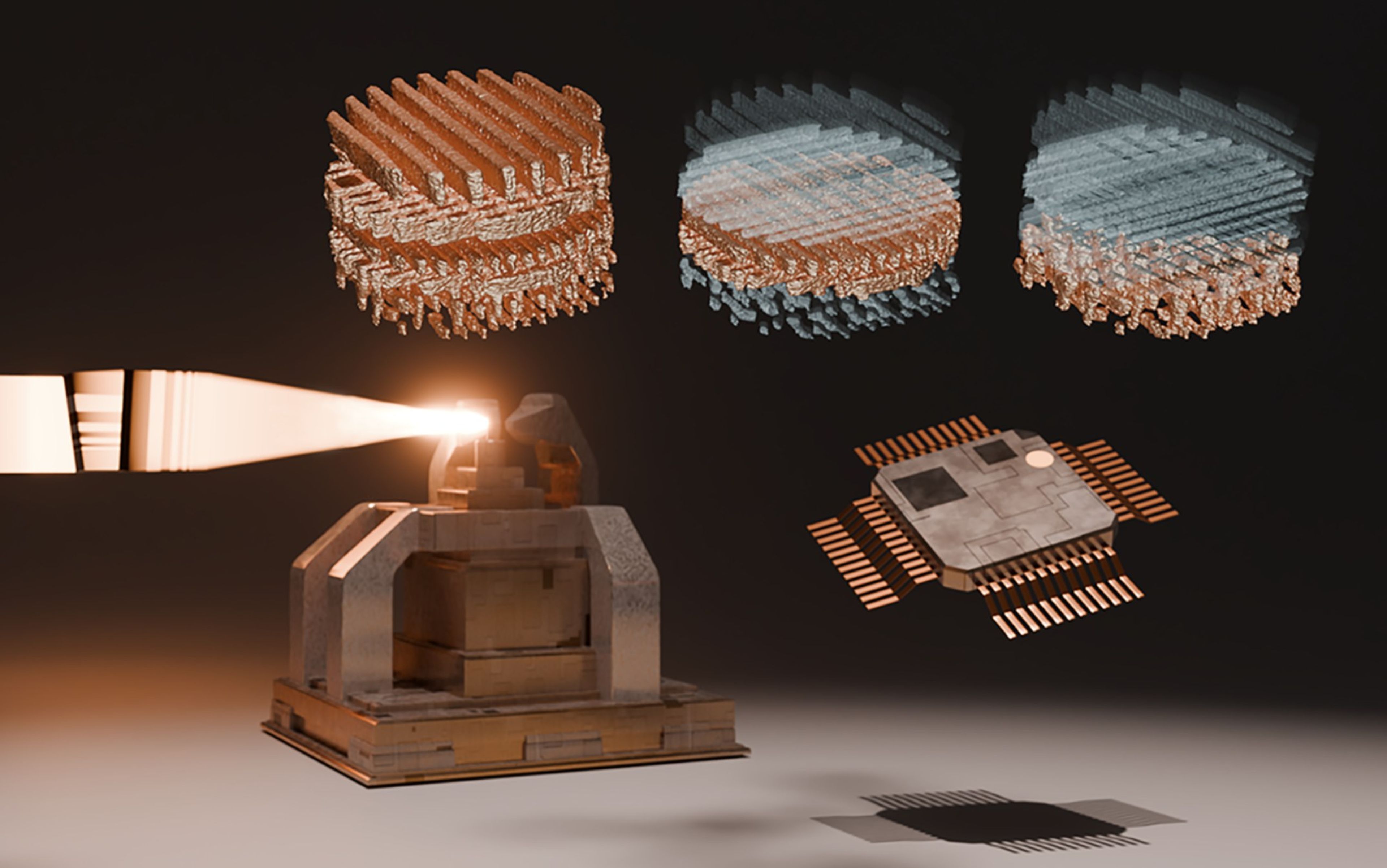 Illustration of multilayer Laue lenses focusing X-rays onto a microelectronics sample in the new X-ray microscope.