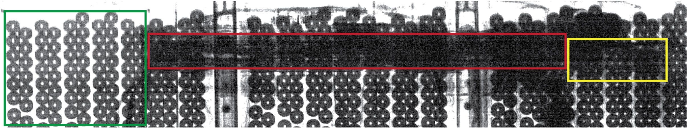 AIR X-ray image of Tesla Model S battery module showing cell and gap visibility classification regions