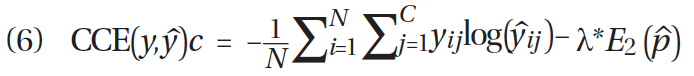 CCE(y, ŷ)_c = -(1/N) Σ_{i=1}^{N} Σ_{j=1}^{C} y_ij log(ŷ_ij) - λ * E2(p̂)
