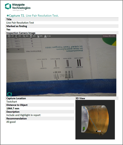 Inspection report showing a line pair resolution test with images, location details, and a 3D view. Recommendation: All good.