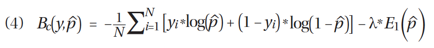B_c(y, p̂) = -(1/N) Σ_{i=1}^{N} [y_i * log(p̂) + (1 - y_i) * log(1 - p̂)] - λ * E1(p̂)