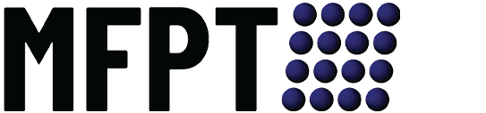 Logo featuring bold letters "MFPT" with a grid of purple spheres to the right.