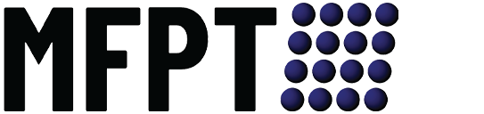 Logo featuring bold letters "MFPT" with a grid of purple spheres to the right.