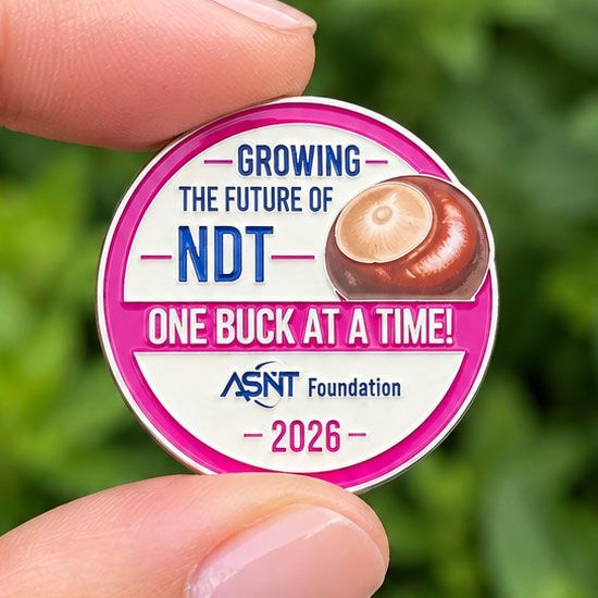 Illustration of the ASNT 2026 themed pin, containing a color rendering of a buckeye nut, the ASNT Foundation logo, and the year 2026, with "Growing the Future of NDT, One Buck at a Time!"