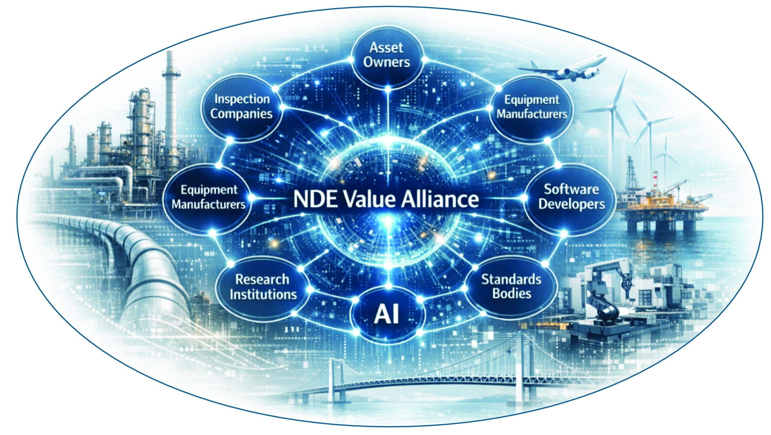 NDE Outlook diagram for 'The NDE Value Alliance: Connecting Industry for NDE 4.0.' AI-generated illustration shows 'NDE Value Alliance' and 'AI' as central circular labels connected by glowing lines to six surrounding stakeholder circles — Asset Owners, Inspection Companies, Equipment Manufacturers, Software Developers, Research Institutions, and Standards Bodies. Background montage depicts industrial infrastructure (pipelines, offshore rig, wind turbine, aircraft, bridge) tying digital transformation to real-world assets. Credit note: image generated with GPT Image 1.5 via Abacus.AI ChatLLM.