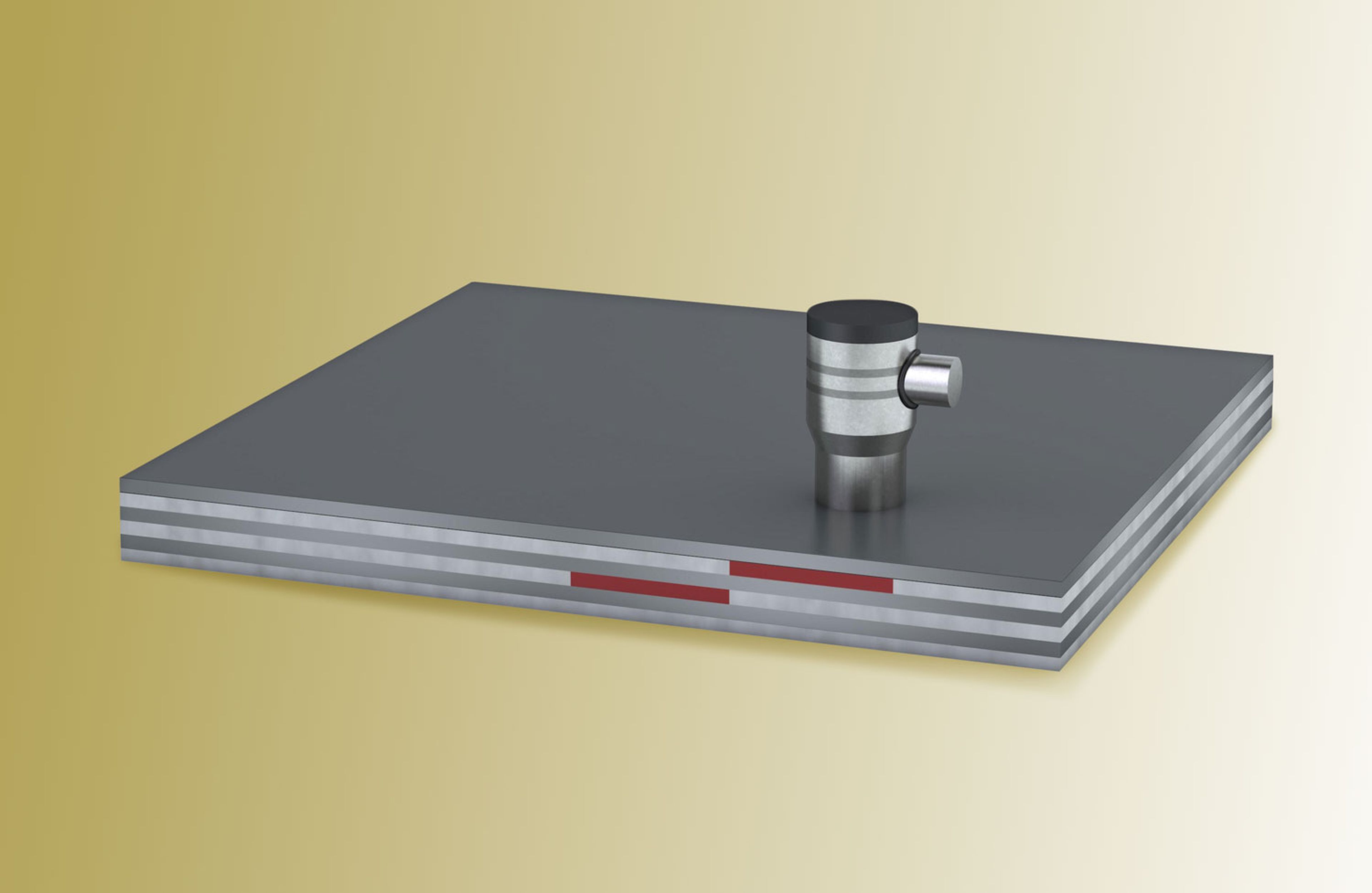3D rendering of a bond testing probe on a layered composite panel, with red markers indicating subsurface disbonds between plies.
