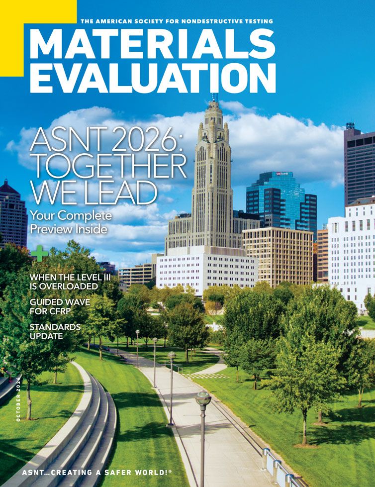 Cover of "Materials Evaluation" magazine with cityscape and park, featuring "ASNT 2026: Together We Lead" and additional article previews.