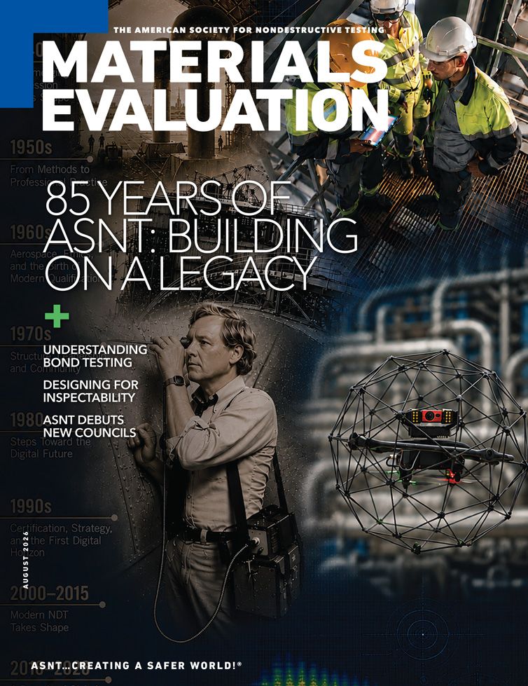 Magazine cover titled "Materials Evaluation," celebrating 85 years of ASNT with images of engineers, testing equipment, and a timeline from the 1950s onward.