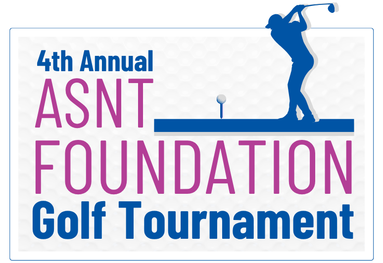 Text for the 4th Annual ASNT Foundation Golf Tournament with a golfer silhouette and a golf ball on a tee.