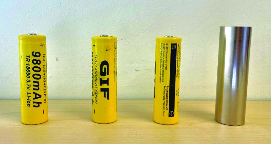 Test samples for AIR-CT comparison: three 18650 lithium-ion cells and one open cell with defined mechanical defects