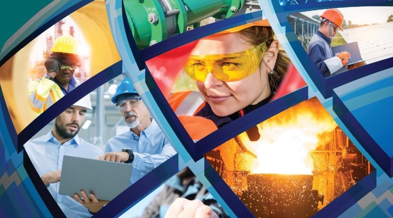 Collage of images representing various industrial sectors, including construction, engineering, manufacturing, and energy, with professionals working in safety gear, operating equipment, and reviewing plans.