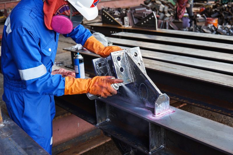 Worker in safety gear spray painting a metal beam indoors.
