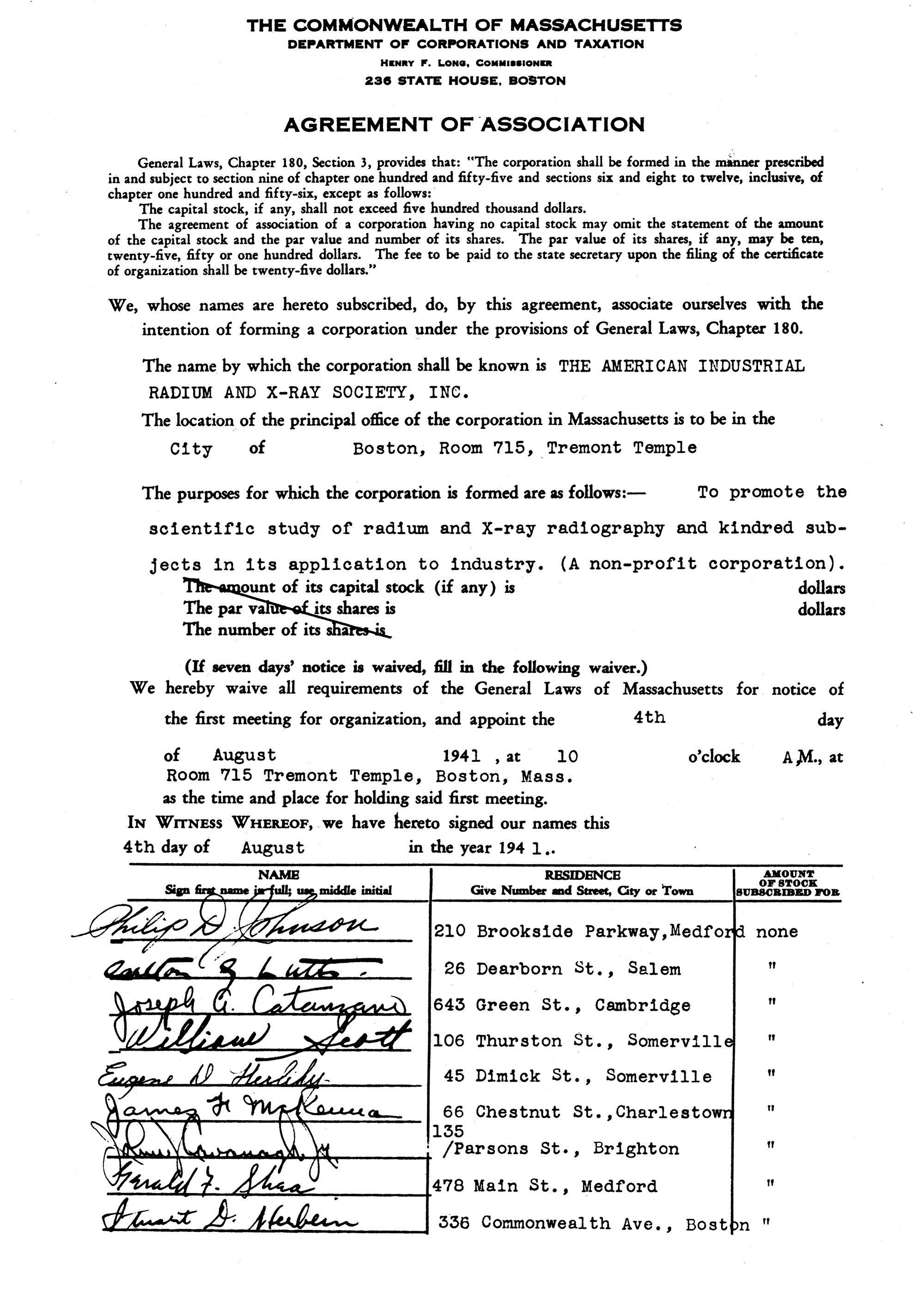 The Agreement of Association, signed on 4 August 1941 in Boston, Massachusetts, formally established the American Industrial Radium and X-Ray Society—the organization that would become ASNT. Nine industrial radiographers put their names to the document that day, creating a professional home for a field that had been practicing without one.