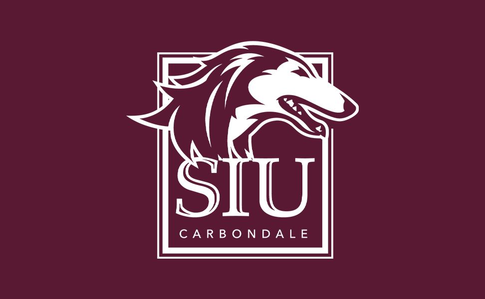 Maroon SIU Carbondale logo featuring a stylized white Saluki dog head above the text.