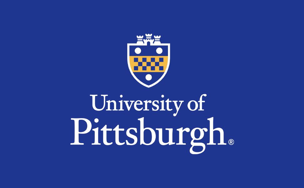 University of Pittsburgh logo on a blue background, featuring a shield with a checkered pattern and castle-like symbols.