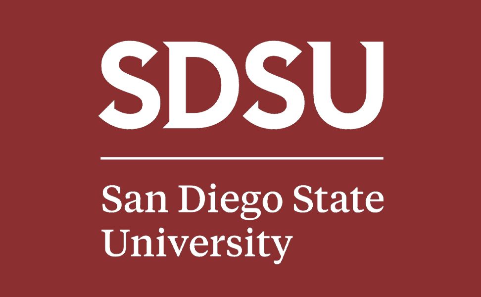 Red background with white text reading "SDSU" above "San Diego State University," separated by a horizontal line.