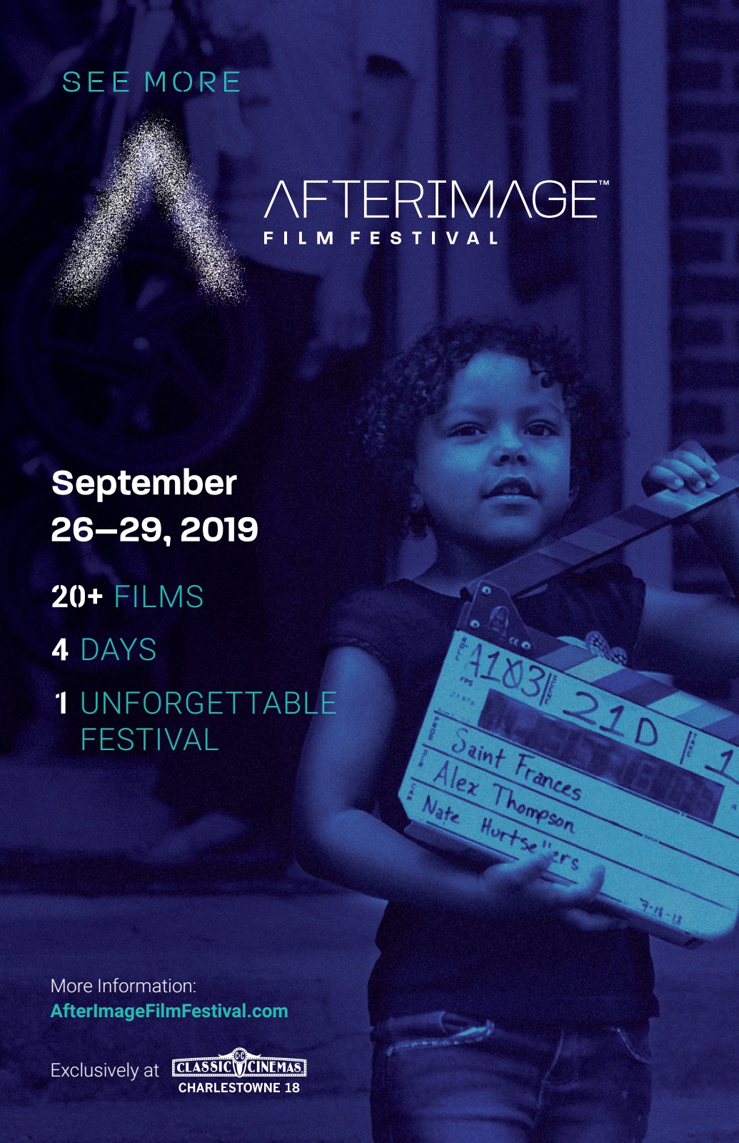 AfterImage Film Festival 2019 poster showing a small child holding a clapperboard with a blue overlay