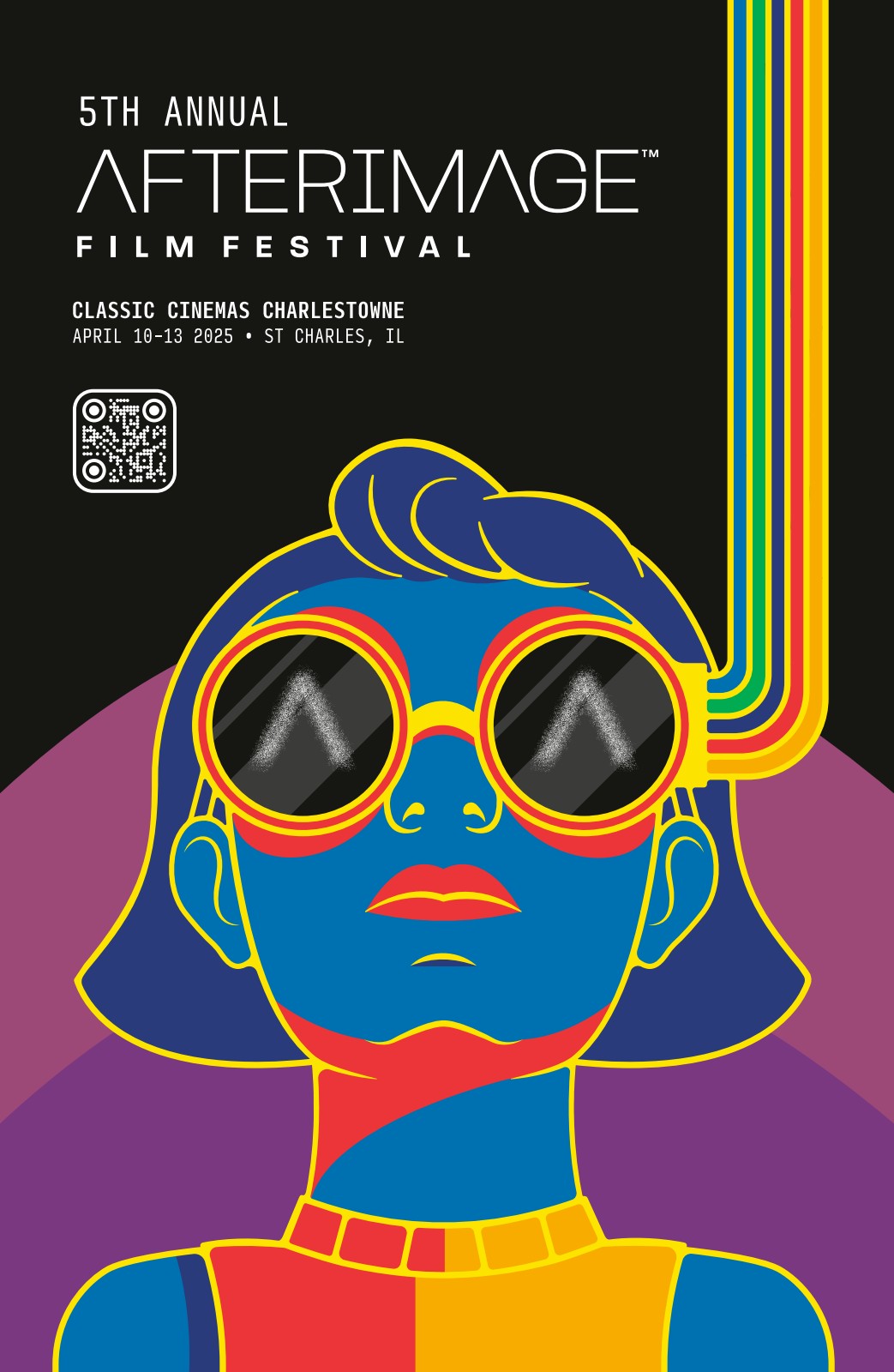 AfterImage Film Festival 2025 poster featuring a colorful, stylized illustration of a woman wearing large glasses