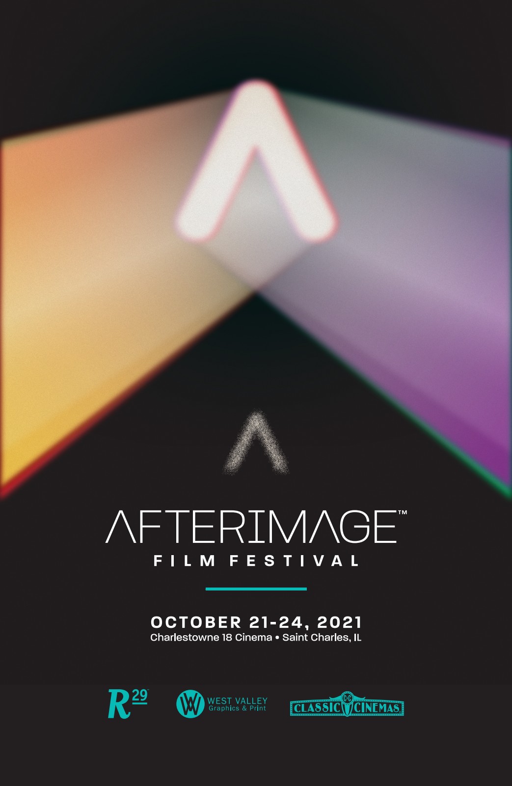 AfterImage Film Festival 2021 poster of the mark on a black background with two blurry rays of light emitting from the left and right sides