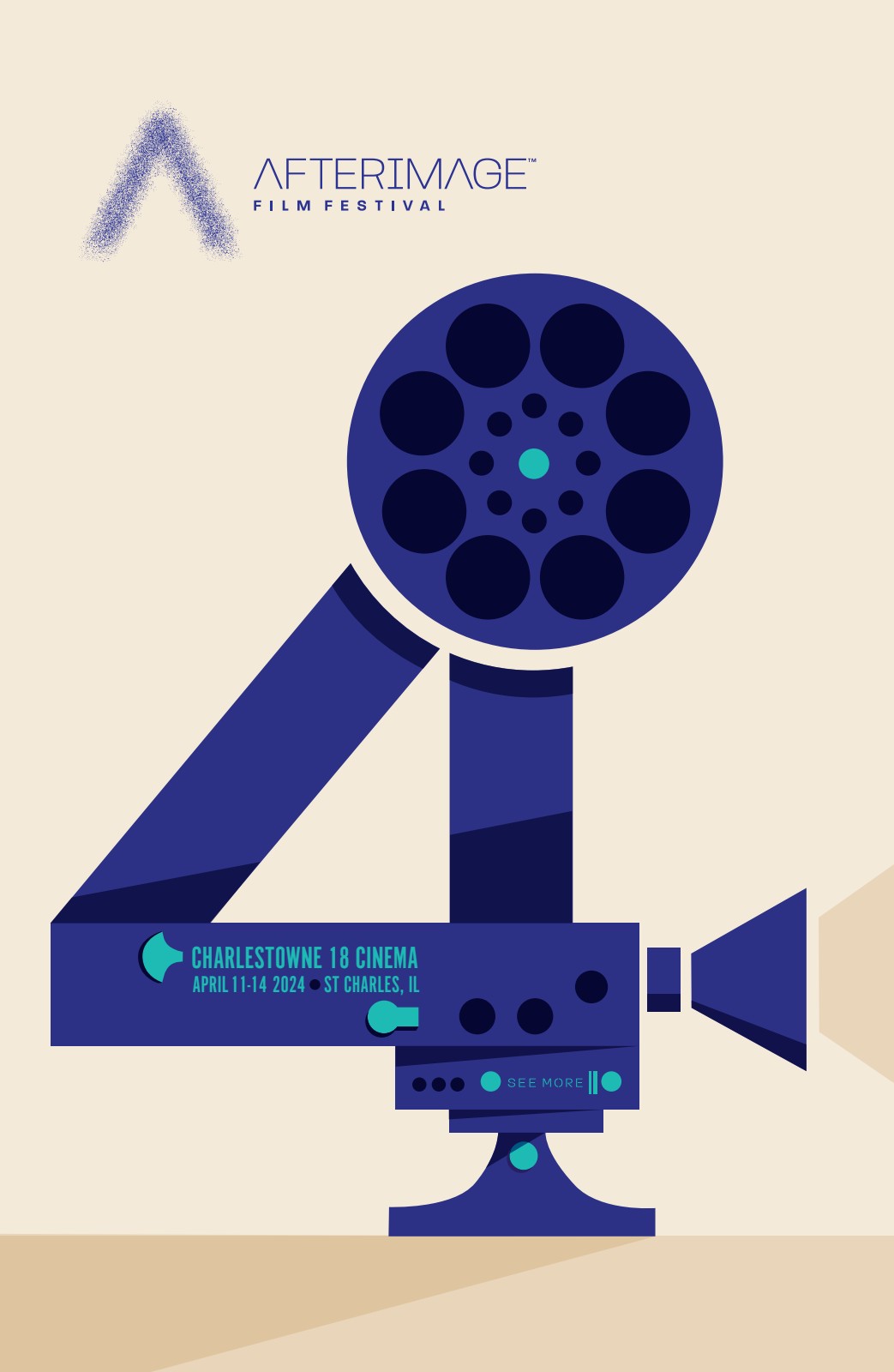 AfterImage Film Festival 2024 poster of a illustrated projector in the shape of a 4