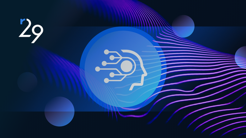 Abstract human profile and circuit icon on a blue circle, surrounded by purple wavy lines and spheres, and Rule29 logomark=