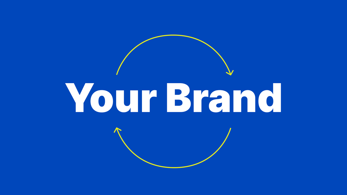 Animation cycling through different styles of the phrase "Your Brand" with circular arrows above and below the text